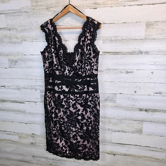 Tadashi Shoji Black Lace Overlay Cocktail Dress 16 Elegant Romantic Sheath - Picture 3 of 14